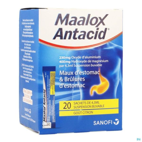 Maalox antacid lemon 230mg/400mg susp or. 20x4,3ml